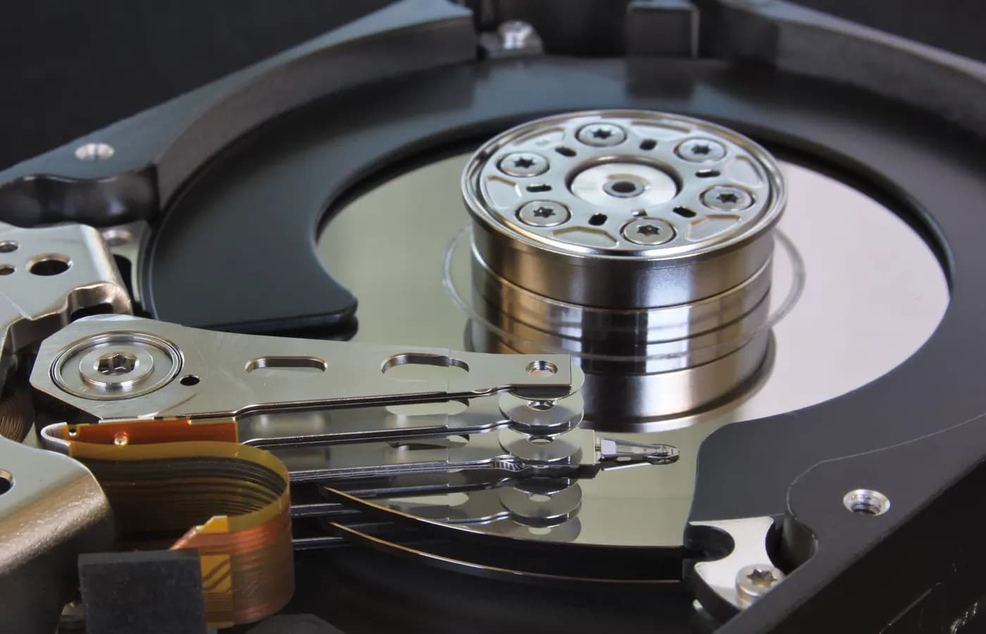 Detailed internal hard drive components used for data recovery diagnostics